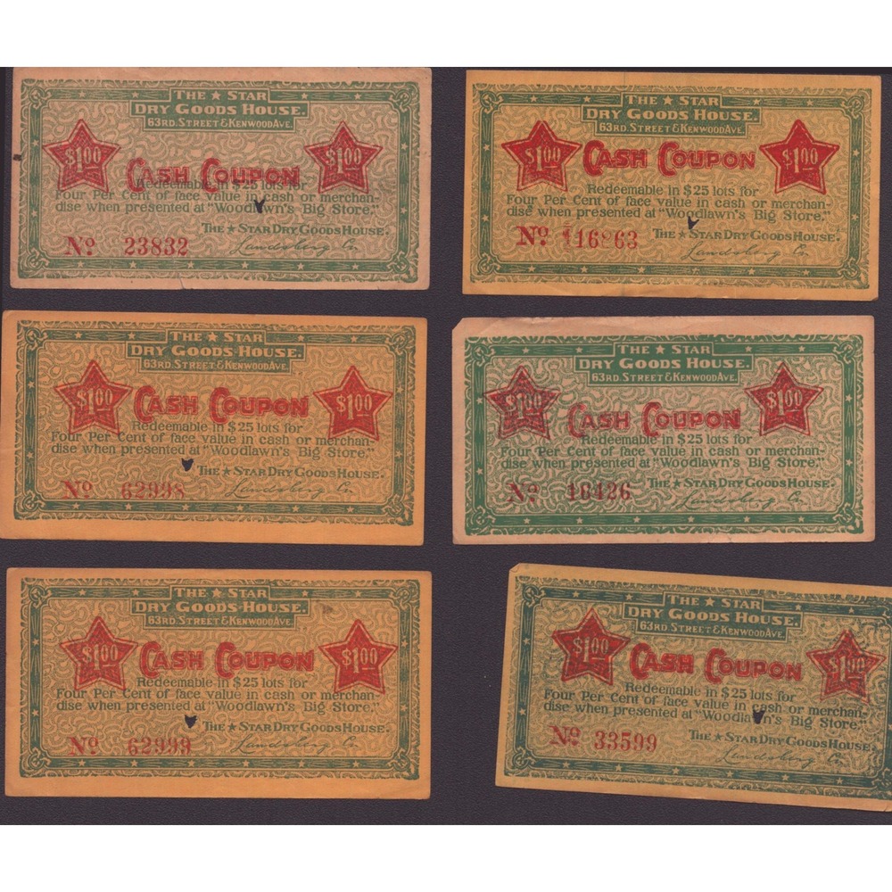 6 Vintage The Star Dry Goods House Woodlawn's Big Store Cash Coupons Chicago - Picture 1 of 2